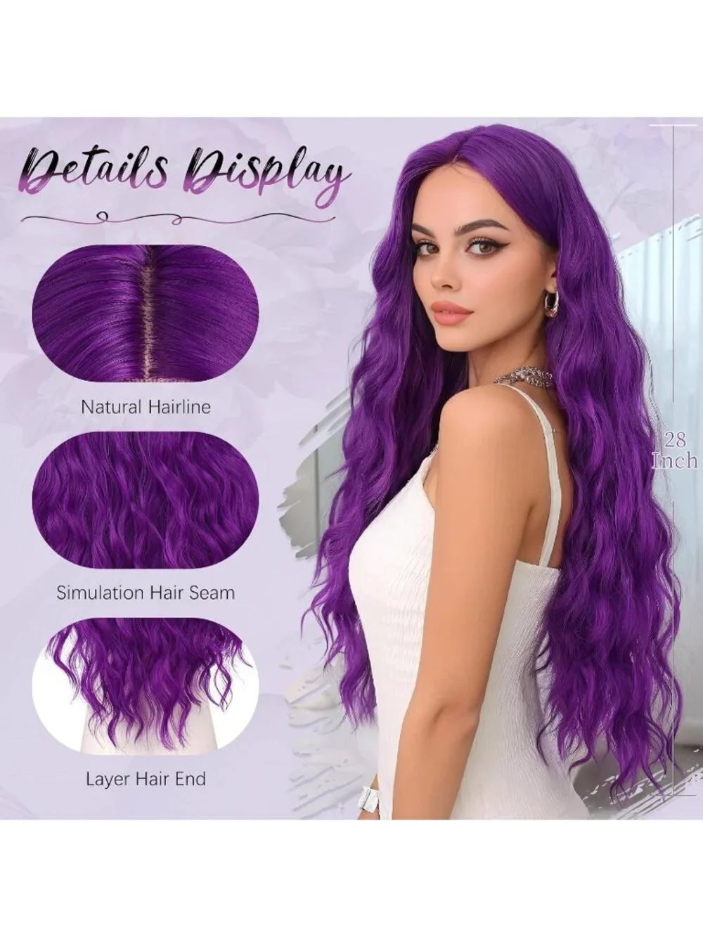 Women's Dark Purple 28 Inch Lace Front Soft Synthetic Long Wavy Curly Wigs